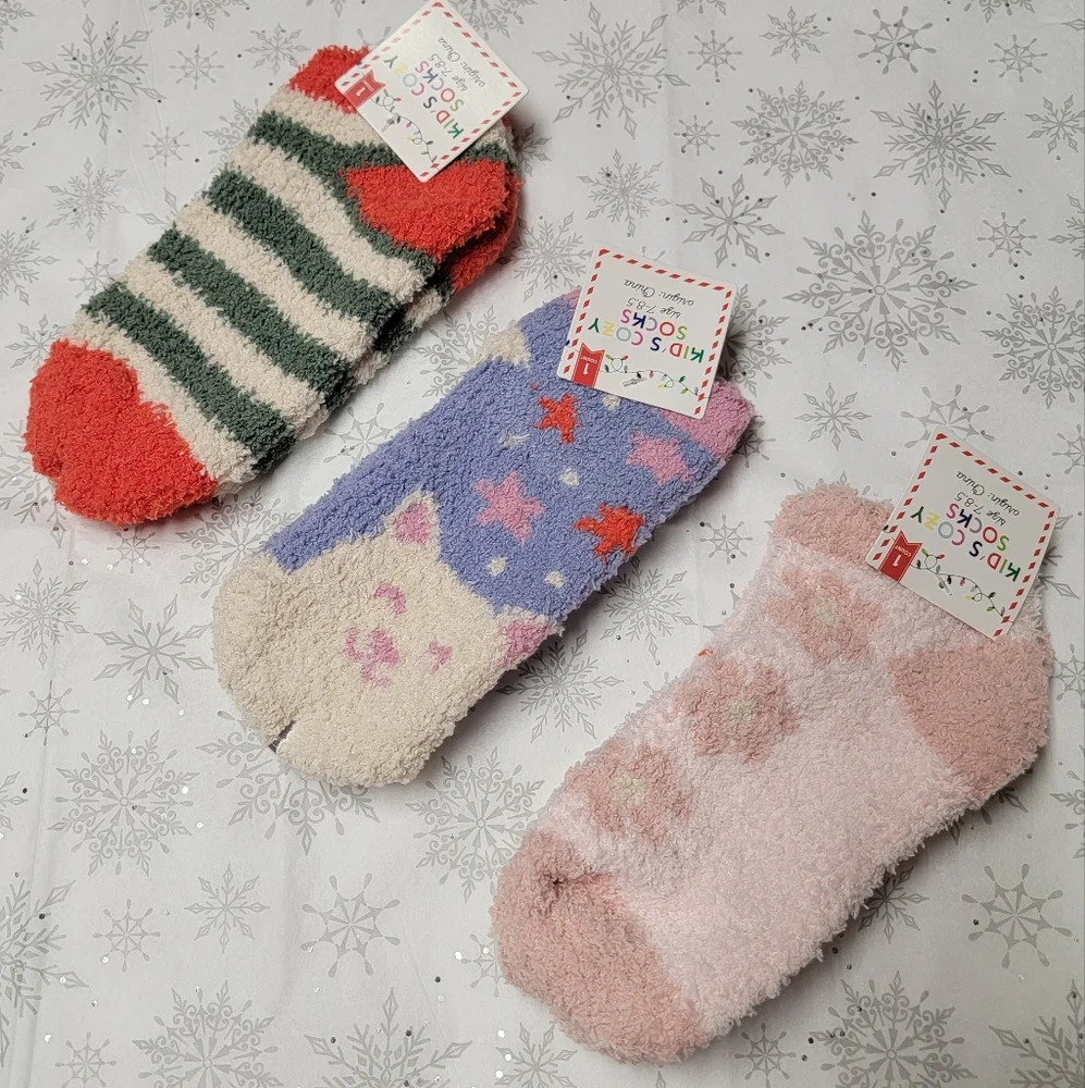 Kid's Cozy Socks Three Pairs of Fuzzy Socks Festive Winter Holiday Stripe Floral
